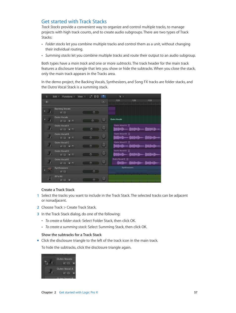 Get started with track stacks, 57 get started with track stacks | Apple Logic Pro X User Manual | Page 57 / 919