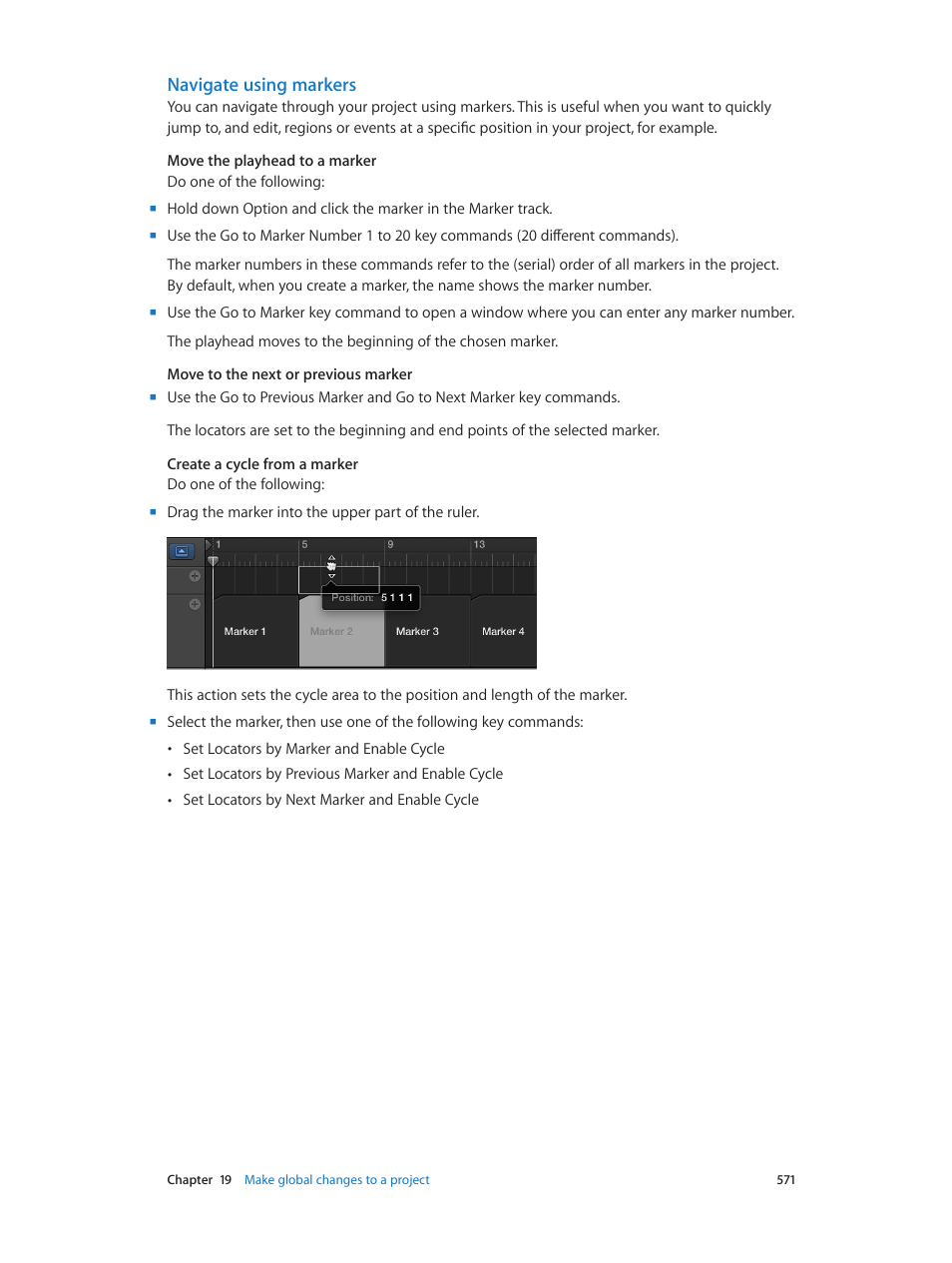 Navigate using markers | Apple Logic Pro X User Manual | Page 571 / 919