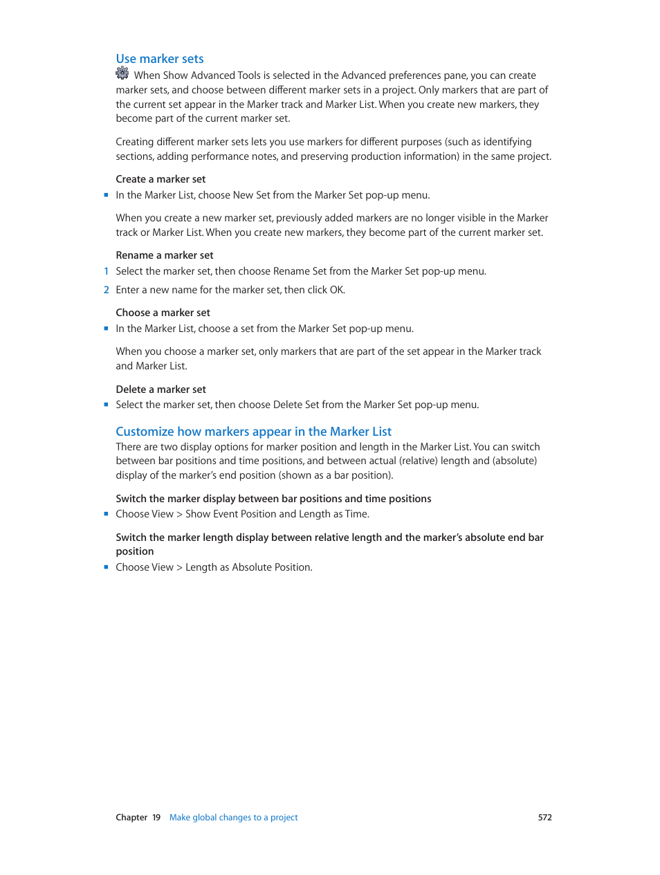 Use marker sets, Customize how markers appear in the marker list | Apple Logic Pro X User Manual | Page 572 / 919