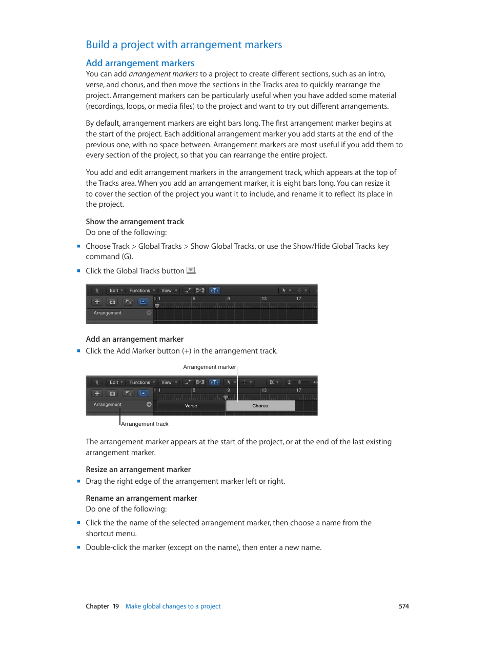 Build a project with arrangement markers, Add arrangement markers, 574 build a project with arrangement markers 574 | Apple Logic Pro X User Manual | Page 574 / 919