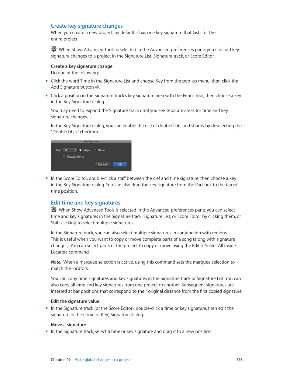 Create key signature changes, Edit time and key signatures | Apple Logic Pro X User Manual | Page 578 / 919