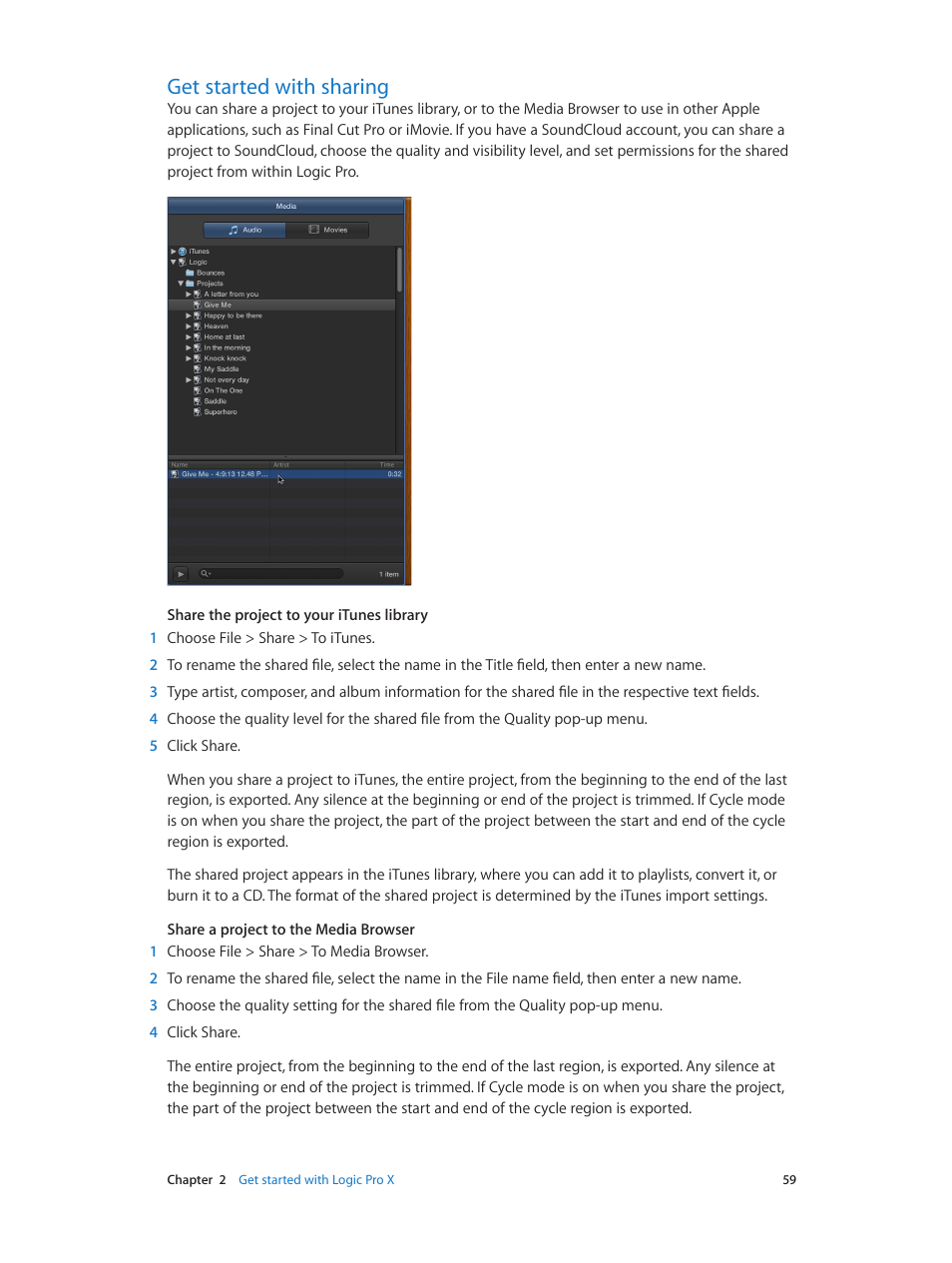 Get started with sharing, 59 get started with sharing | Apple Logic Pro X User Manual | Page 59 / 919