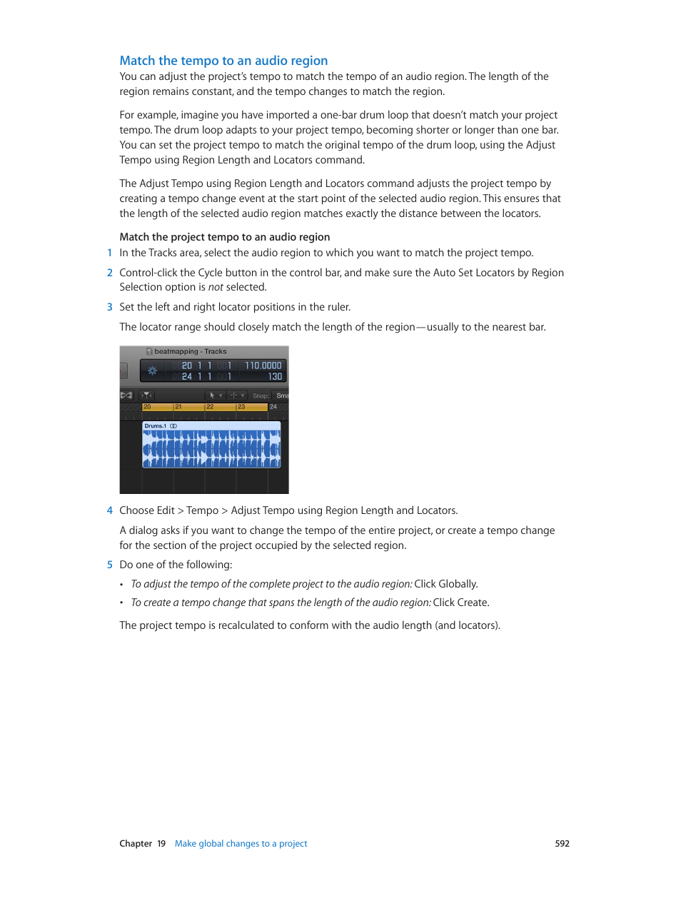 Match the tempo to an audio region, Ed in, Match the tempo to an audio | Region | Apple Logic Pro X User Manual | Page 592 / 919