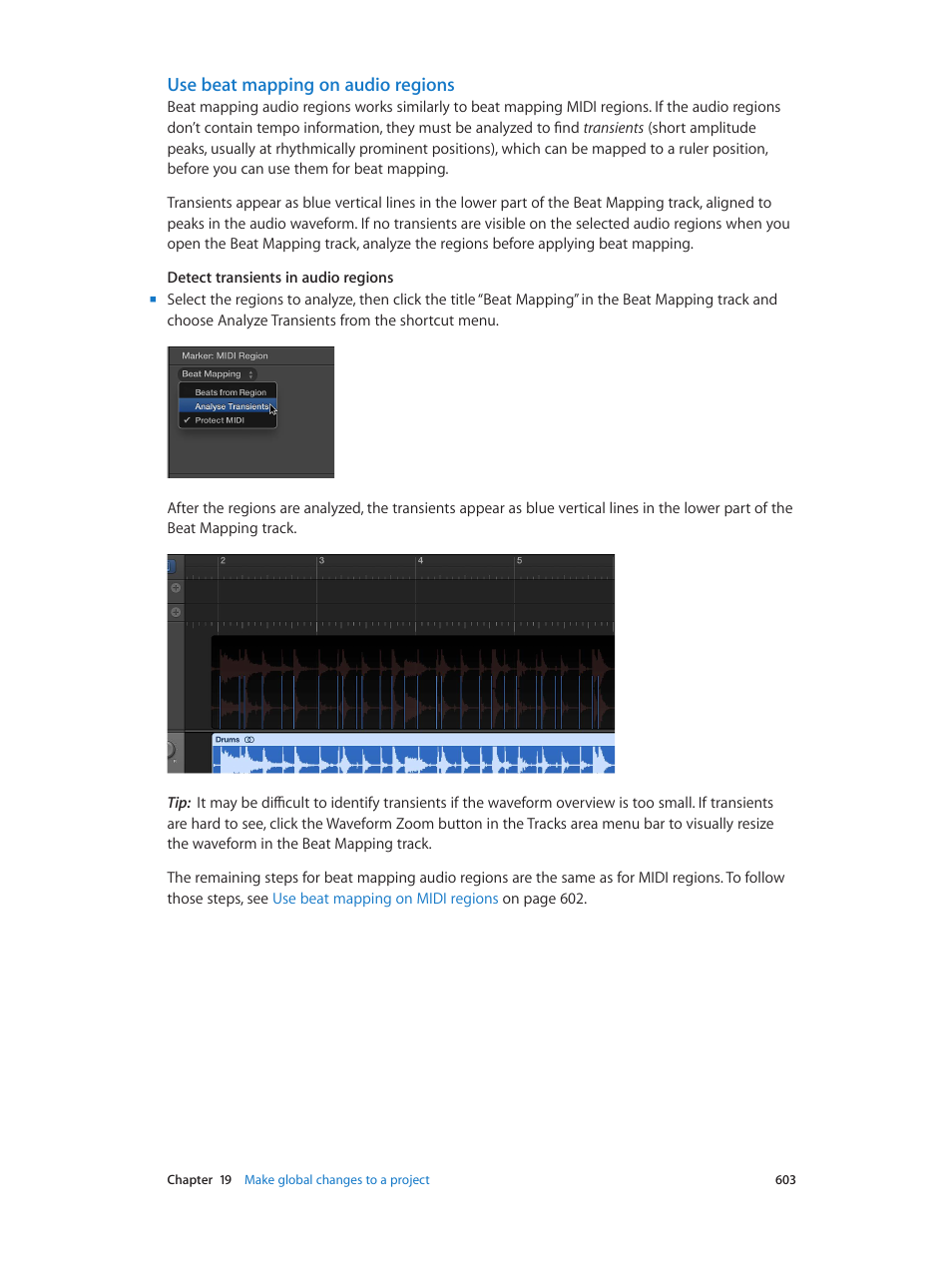 Use beat mapping on audio regions | Apple Logic Pro X User Manual | Page 603 / 919