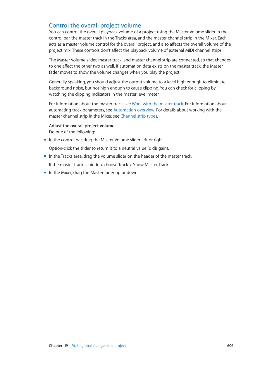Control the overall project volume, 606 control the overall project volume | Apple Logic Pro X User Manual | Page 606 / 919