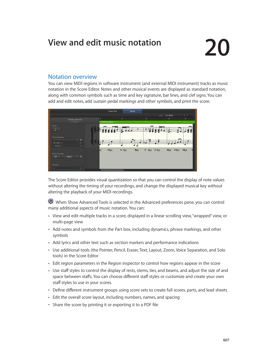 Chapter 20: view and edit music notation, Notation overview, 607 notation overview | View and edit music notation | Apple Logic Pro X User Manual | Page 607 / 919