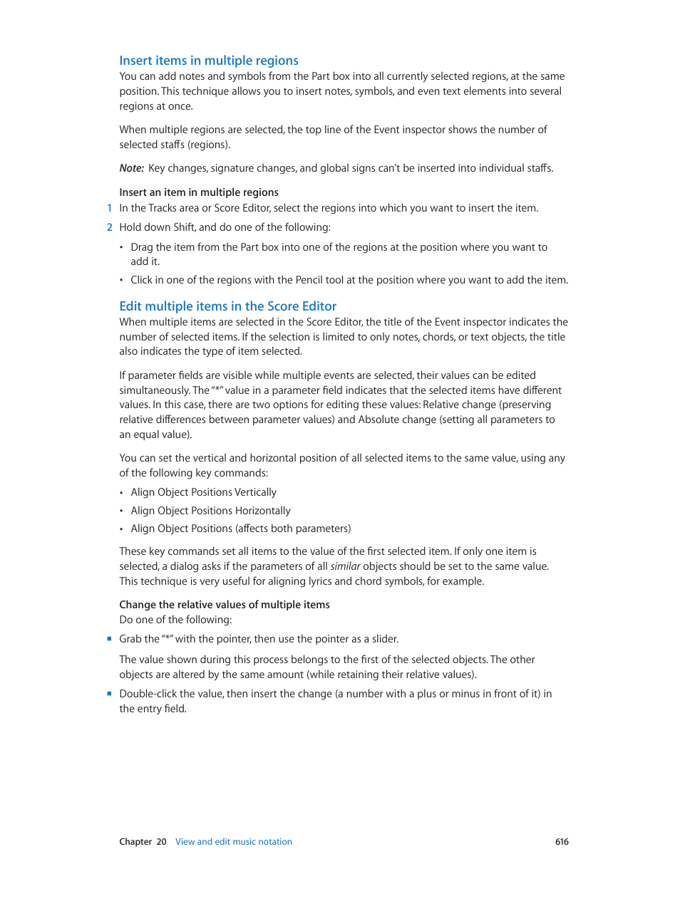 Insert items in multiple regions, Edit multiple items in the score editor | Apple Logic Pro X User Manual | Page 616 / 919