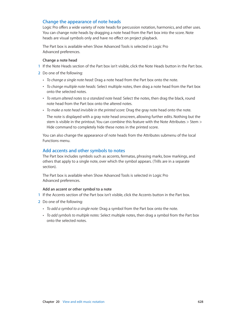 Change the appearance of note heads, Add accents and other symbols to notes | Apple Logic Pro X User Manual | Page 628 / 919