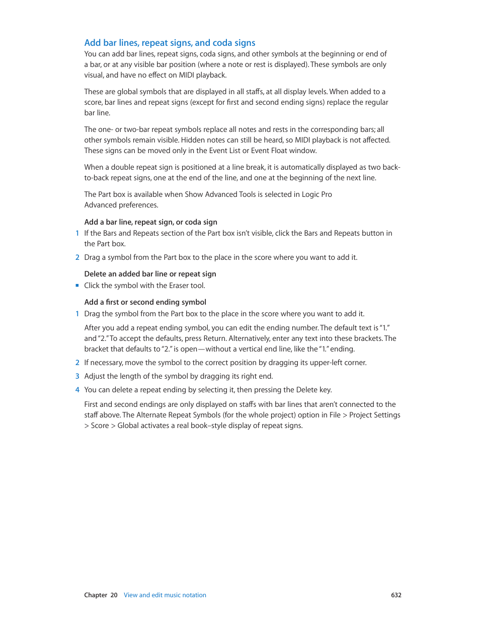 Add bar lines, repeat signs, and coda signs | Apple Logic Pro X User Manual | Page 632 / 919