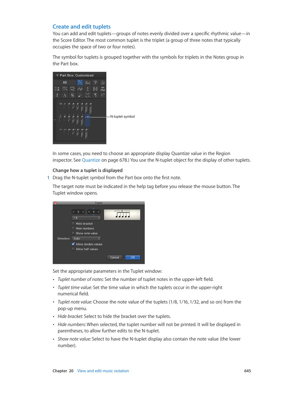 Create and edit tuplets | Apple Logic Pro X User Manual | Page 645 / 919