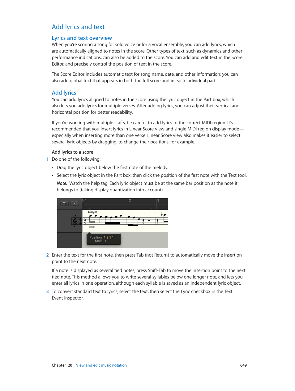 Add lyrics and text, Lyrics and text overview, Add lyrics | 649 add lyrics and text 649 | Apple Logic Pro X User Manual | Page 649 / 919