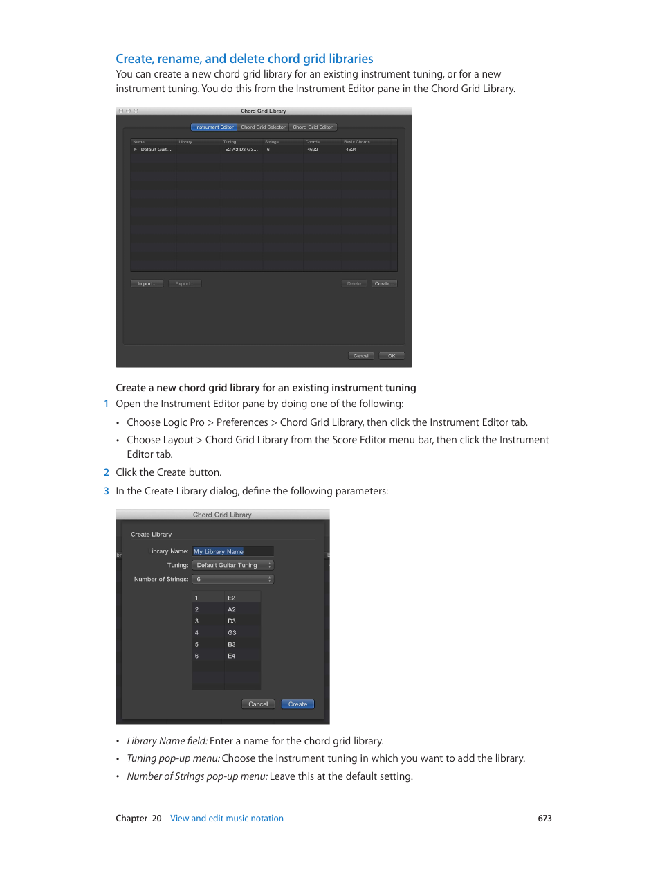 Create, rename, and delete chord grid libraries, Create, rename, and delete, Chord grid libraries | Apple Logic Pro X User Manual | Page 673 / 919