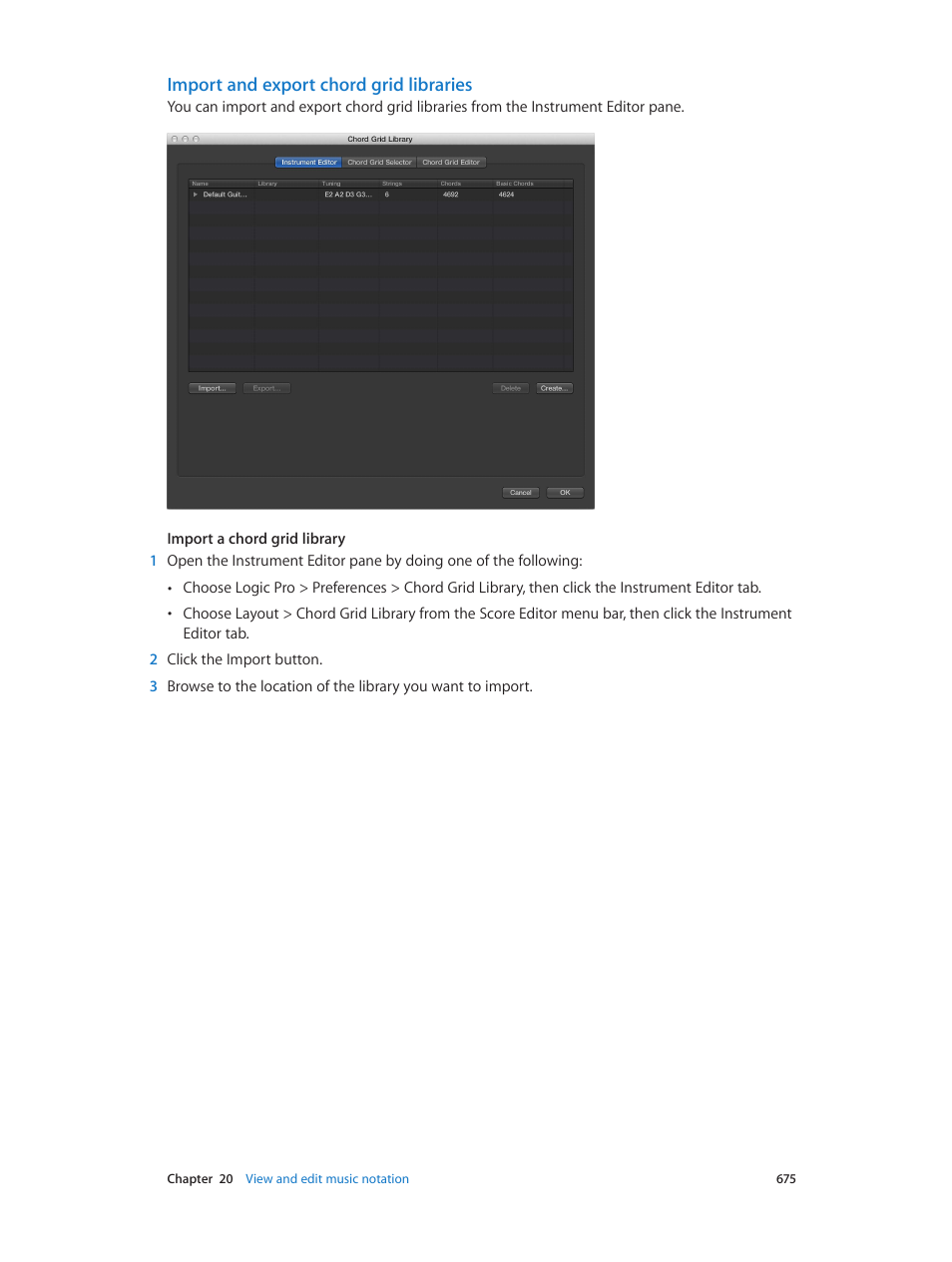 Import and export chord grid libraries | Apple Logic Pro X User Manual | Page 675 / 919