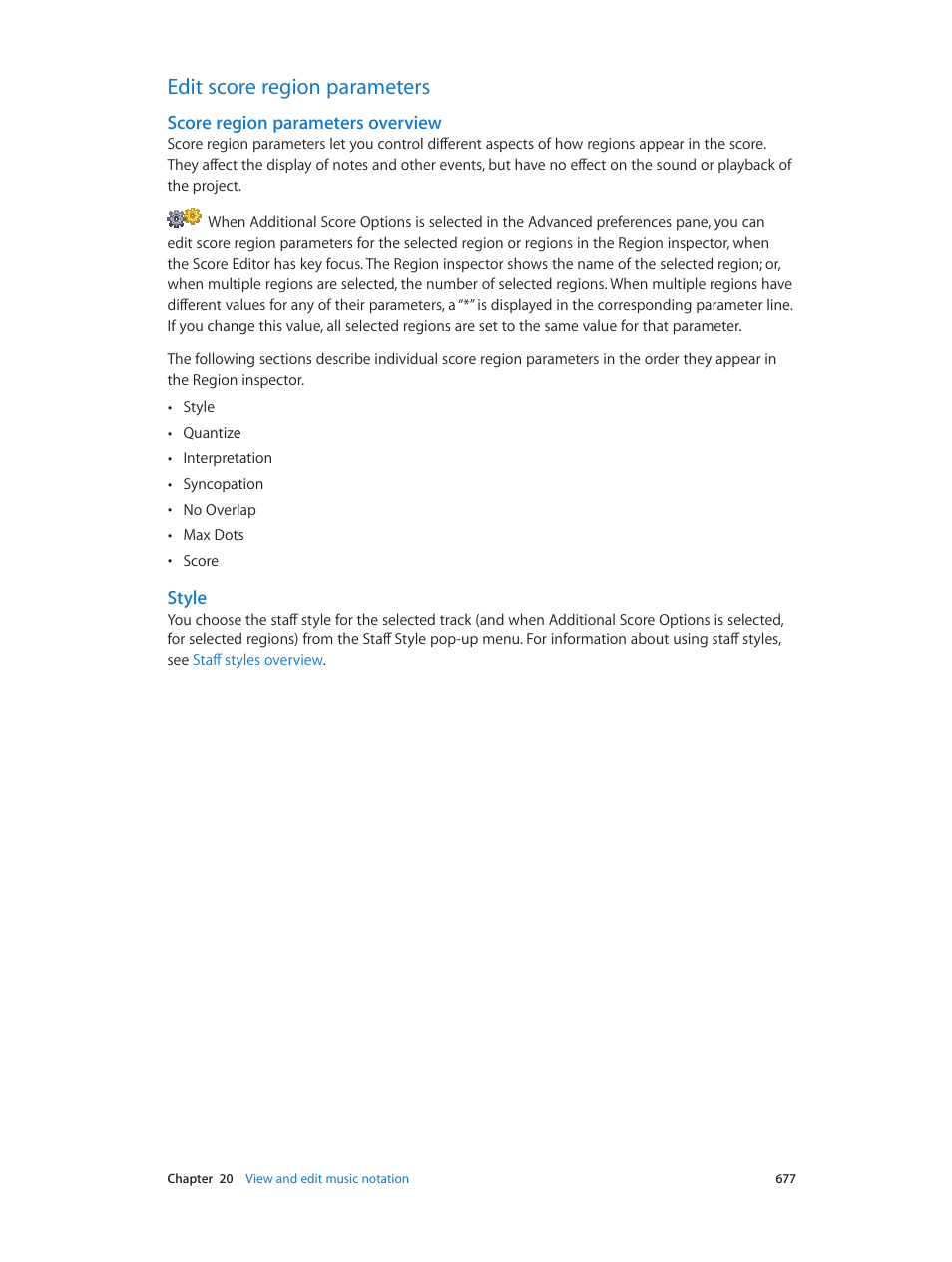Edit score region parameters, Score region parameters overview, Style | 677 edit score region parameters 677 | Apple Logic Pro X User Manual | Page 677 / 919