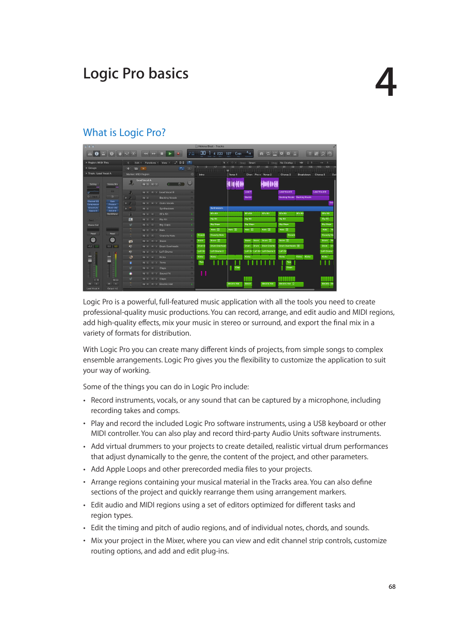 Chapter 4: logic pro basics, What is logic pro, 68 what is logic pro | Logic pro basics | Apple Logic Pro X User Manual | Page 68 / 919
