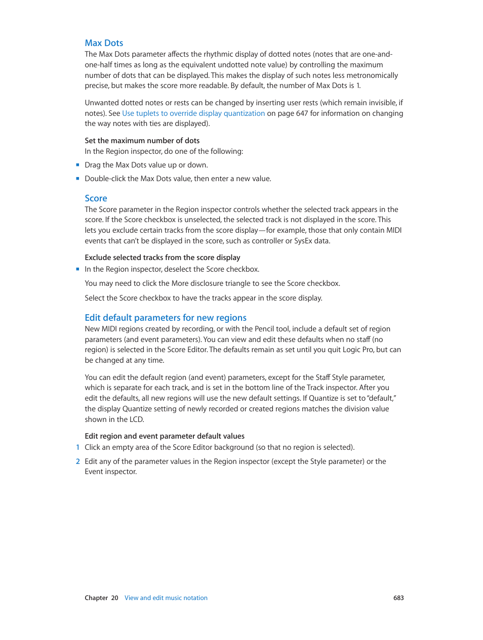 Max dots, Score, Edit default parameters for new regions | Dots | Apple Logic Pro X User Manual | Page 683 / 919