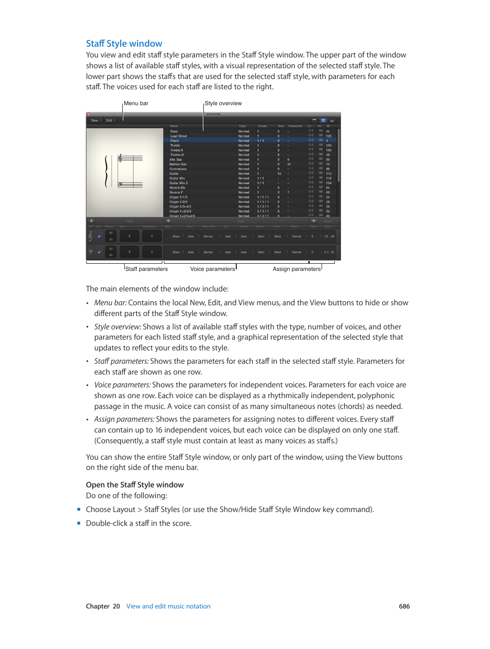 Staff style window, W (see | Apple Logic Pro X User Manual | Page 686 / 919