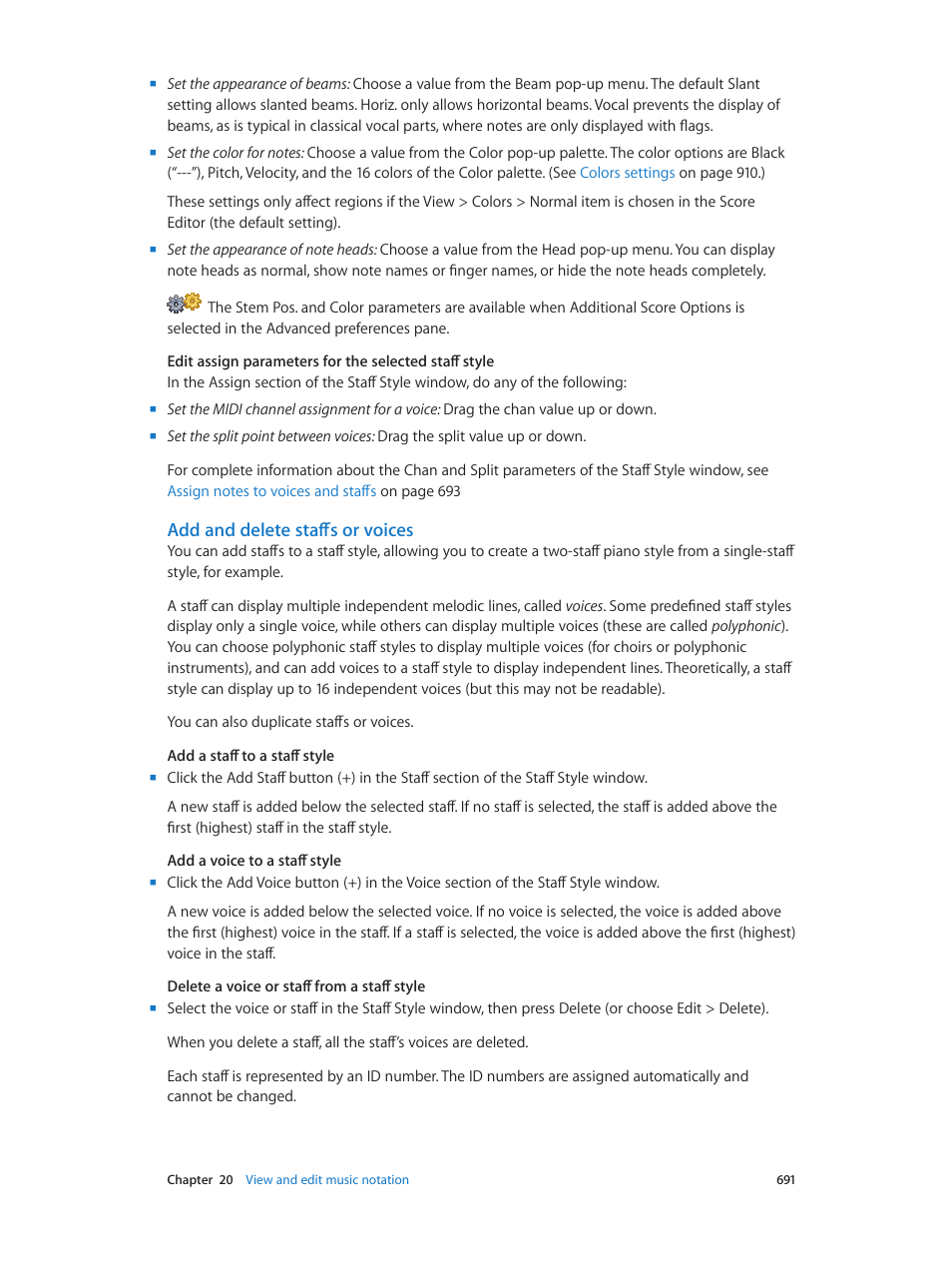 Add and delete staffs or voices | Apple Logic Pro X User Manual | Page 691 / 919