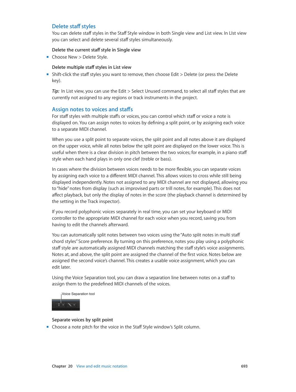 Delete staff styles, Assign notes to voices and staffs | Apple Logic Pro X User Manual | Page 693 / 919