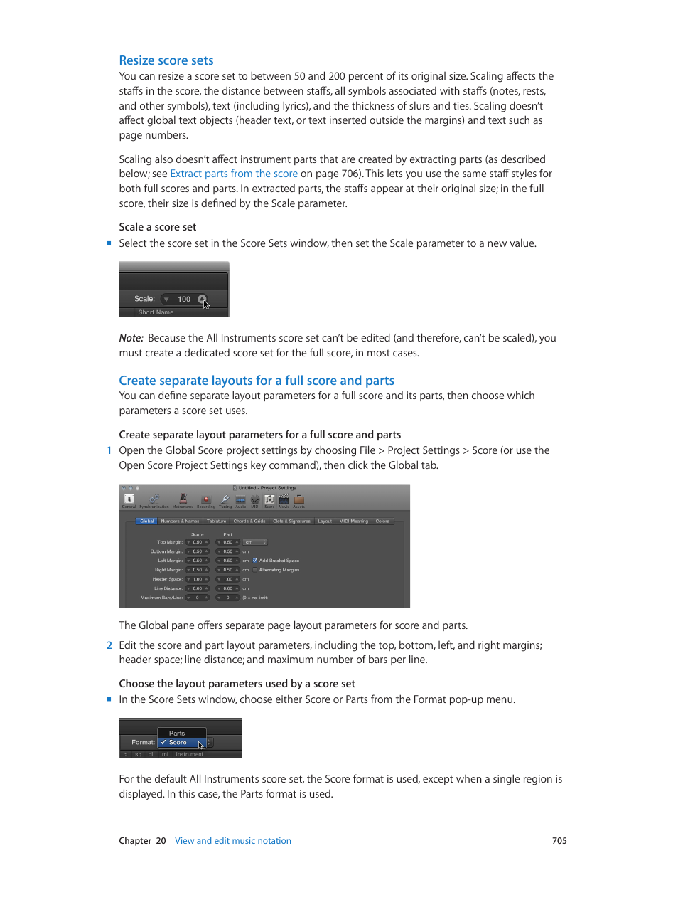 Resize score sets, Create separate layouts for a full score and parts | Apple Logic Pro X User Manual | Page 705 / 919