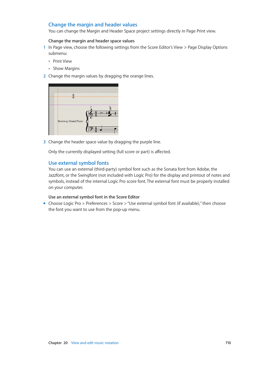 Change the margin and header values, Use external symbol fonts | Apple Logic Pro X User Manual | Page 710 / 919