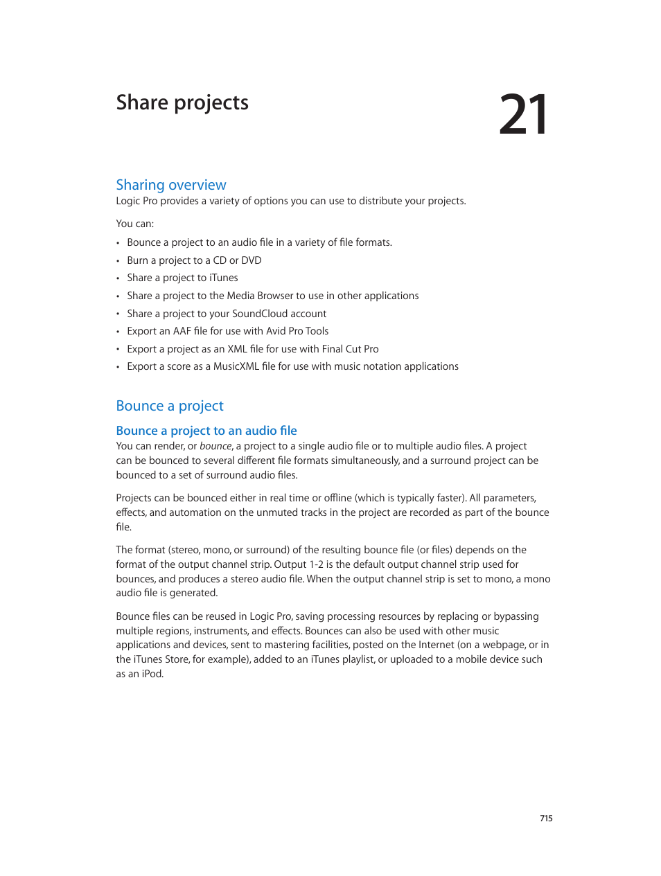 Chapter 21: share projects, Sharing overview, Bounce a project | Bounce a project to an audio file, 715 sharing overview 715 bounce a project 715, Share projects | Apple Logic Pro X User Manual | Page 715 / 919