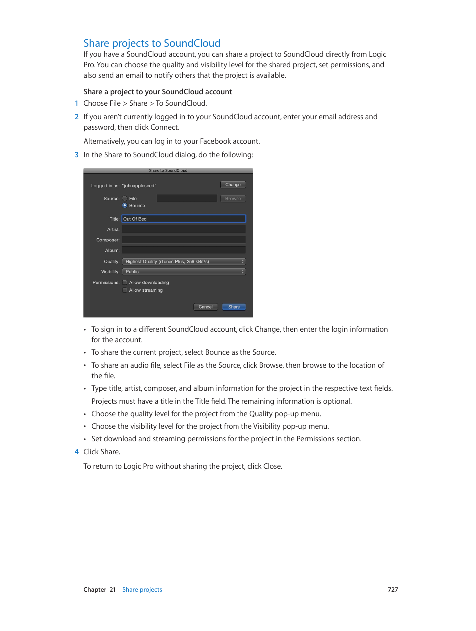 Share projects to soundcloud, 727 share projects to soundcloud | Apple Logic Pro X User Manual | Page 727 / 919
