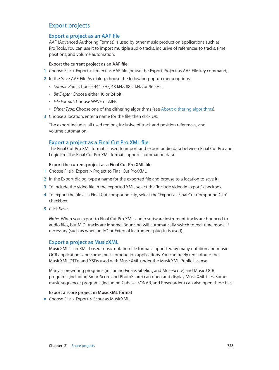 Export projects, Export a project as an aaf file, Export a project as a final cut pro xml file | Export a project as musicxml, 728 export projects 728 | Apple Logic Pro X User Manual | Page 728 / 919