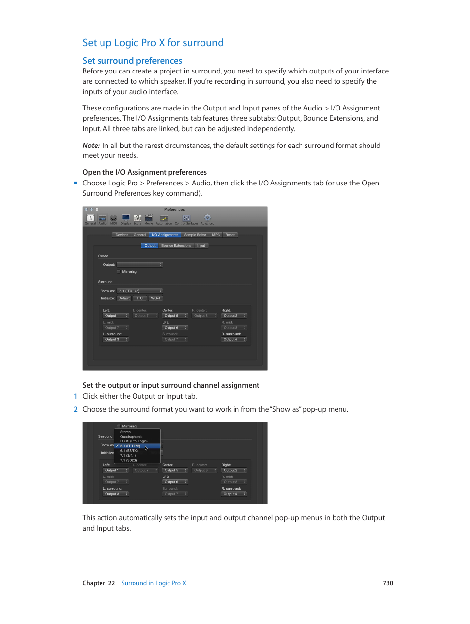 Set up logic pro x for surround, Set surround preferences, 730 set up logic pro x for surround 730 | Apple Logic Pro X User Manual | Page 730 / 919