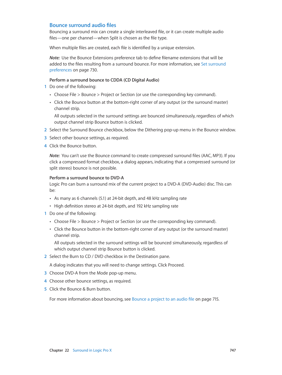 Bounce surround audio files, Bounce, Surround audio files | Apple Logic Pro X User Manual | Page 747 / 919