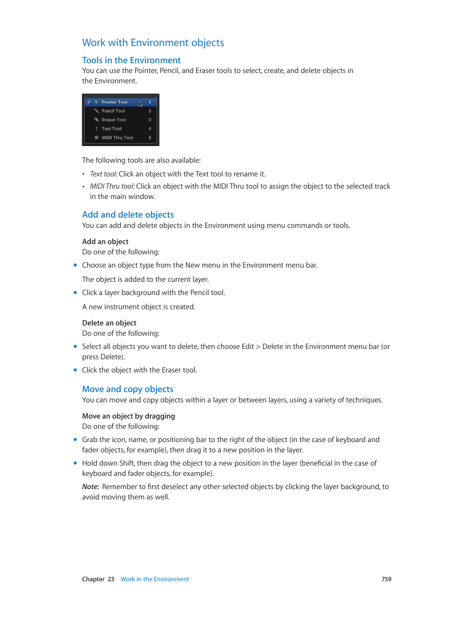 Work with environment objects, Tools in the environment, Add and delete objects | Move and copy objects, 759 work with environment objects 759 | Apple Logic Pro X User Manual | Page 759 / 919