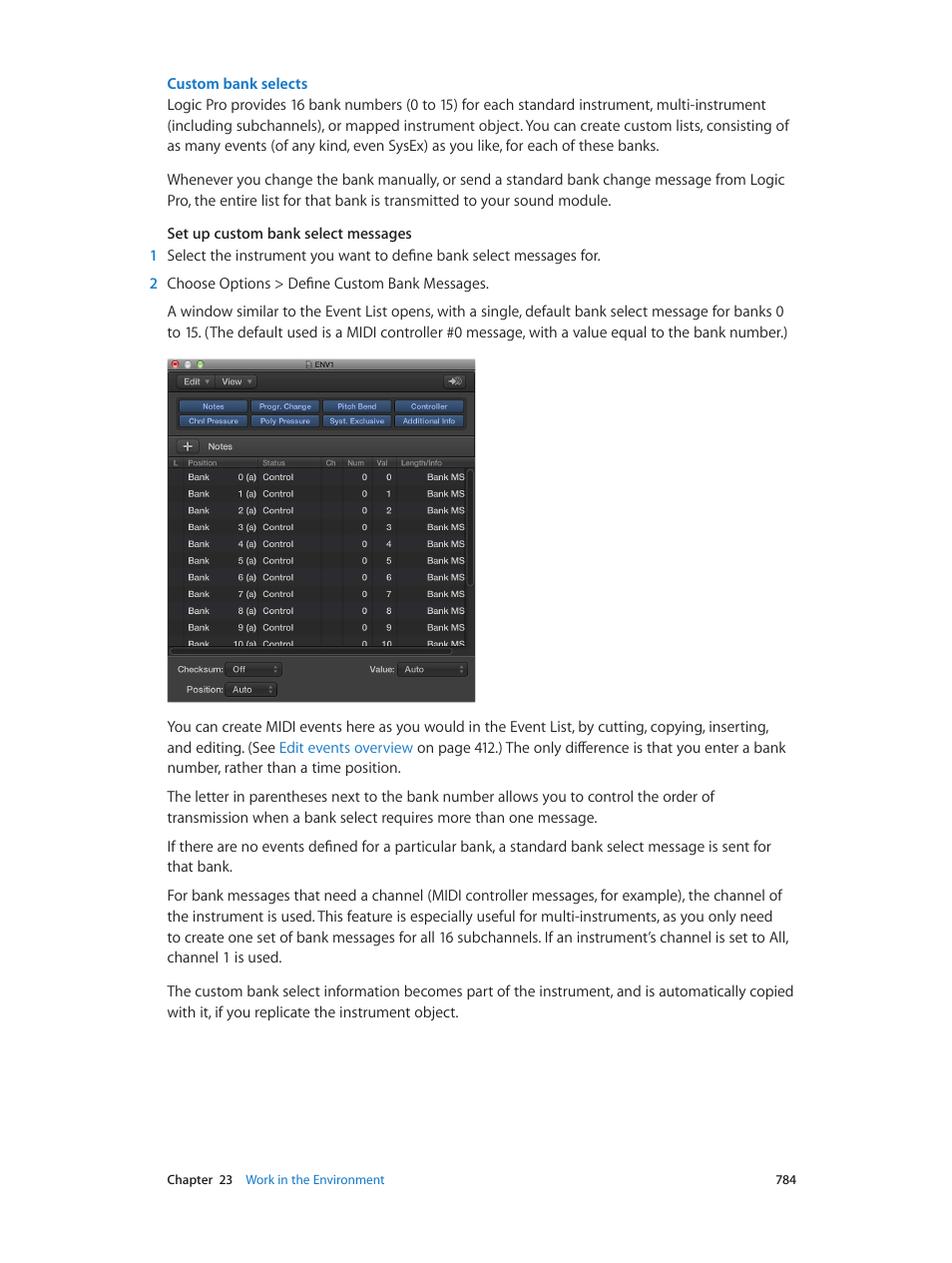 Custom bank selects, Ts (see, S (see | Apple Logic Pro X User Manual | Page 784 / 919