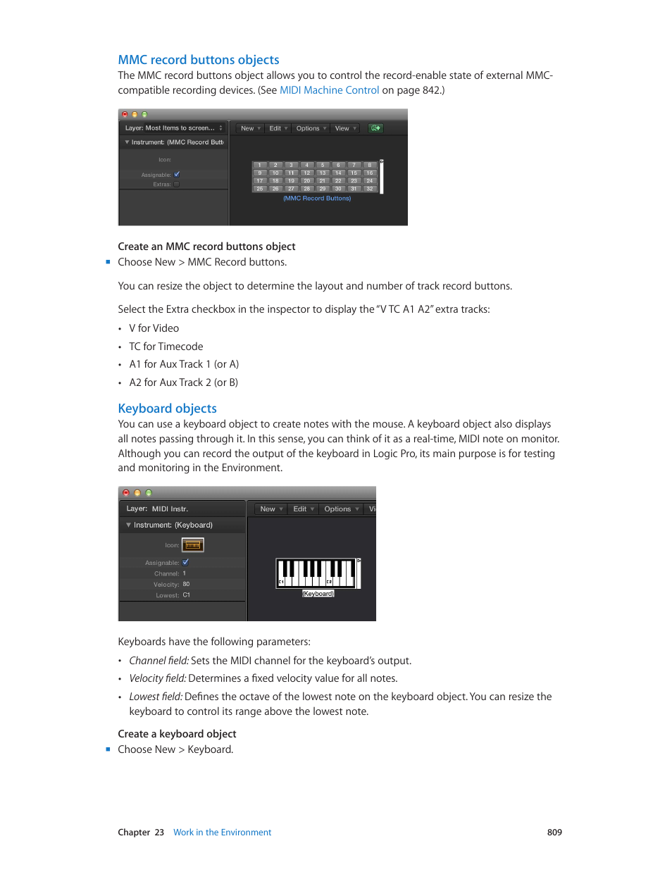 Mmc record buttons objects, Keyboard objects | Apple Logic Pro X User Manual | Page 809 / 919