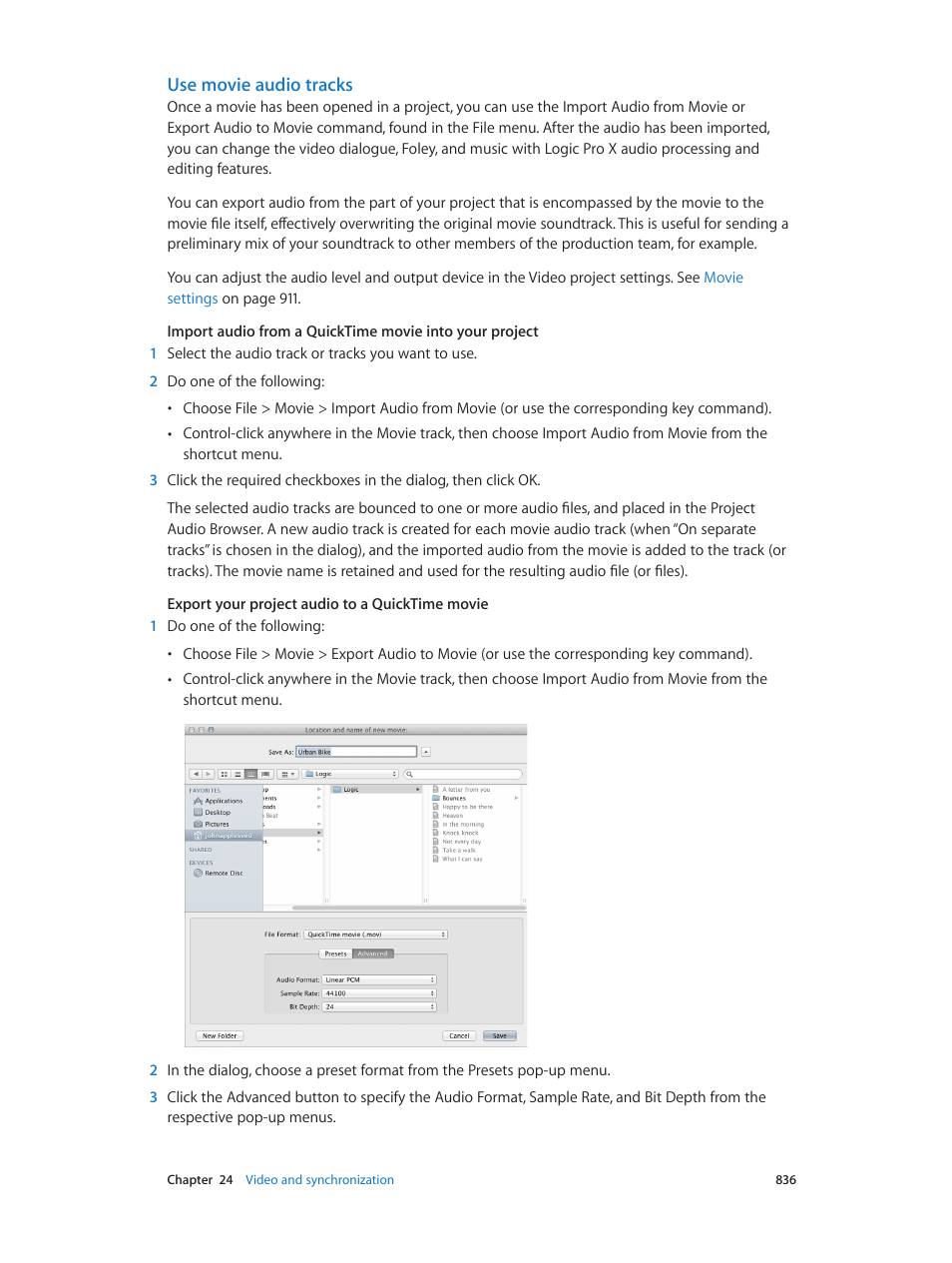 Use movie audio tracks | Apple Logic Pro X User Manual | Page 836 / 919