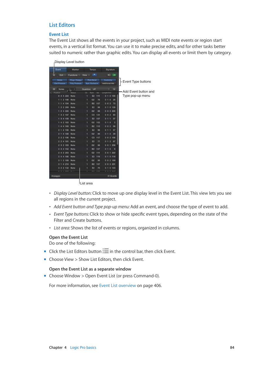 List editors | Apple Logic Pro X User Manual | Page 84 / 919