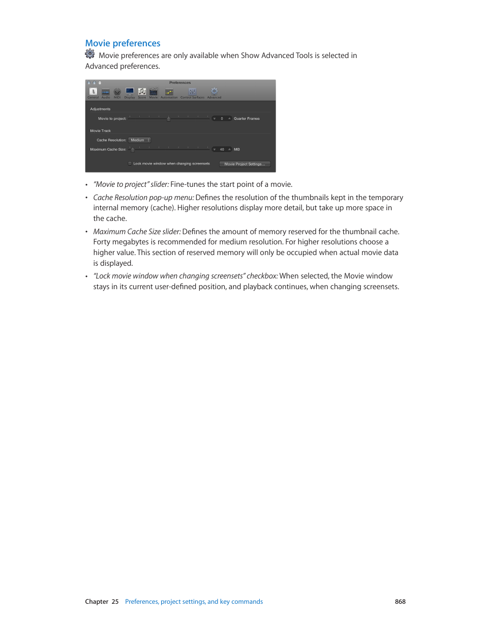 Movie preferences | Apple Logic Pro X User Manual | Page 868 / 919