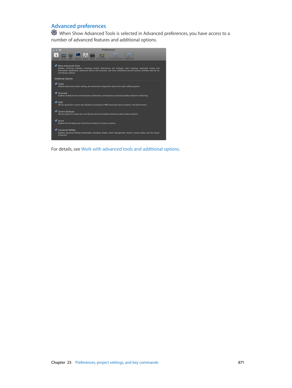Advanced preferences | Apple Logic Pro X User Manual | Page 871 / 919