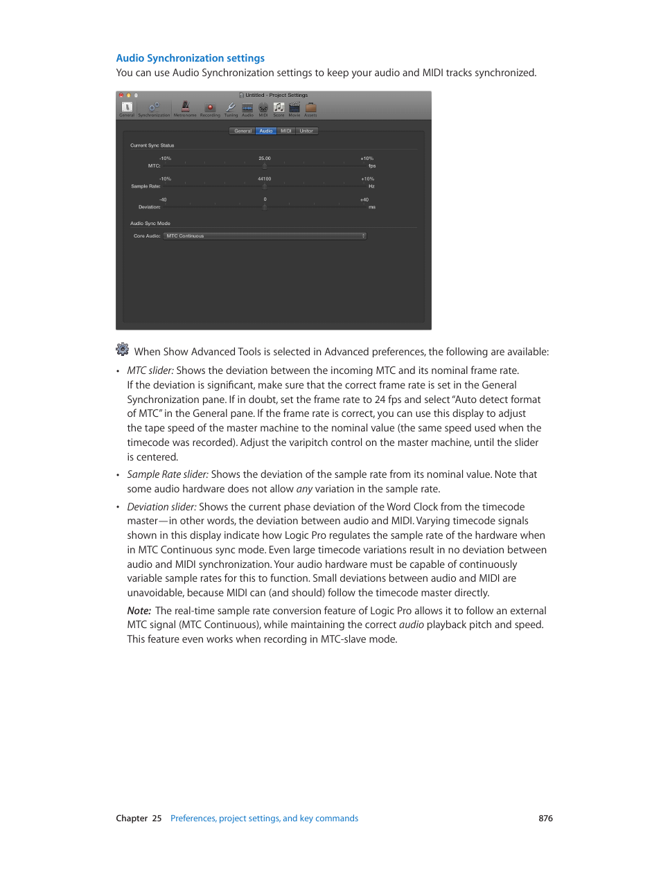 Audio synchronization settings | Apple Logic Pro X User Manual | Page 876 / 919