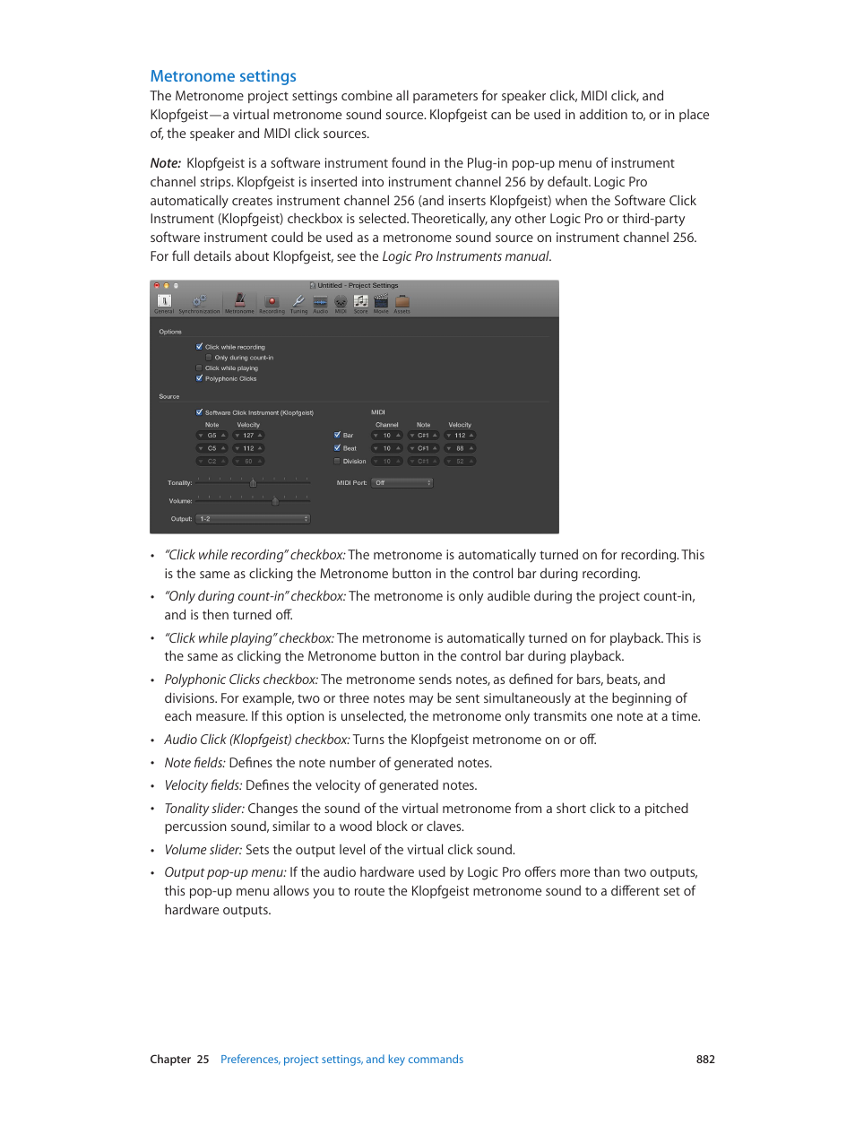 Metronome settings, 882 f | Apple Logic Pro X User Manual | Page 882 / 919