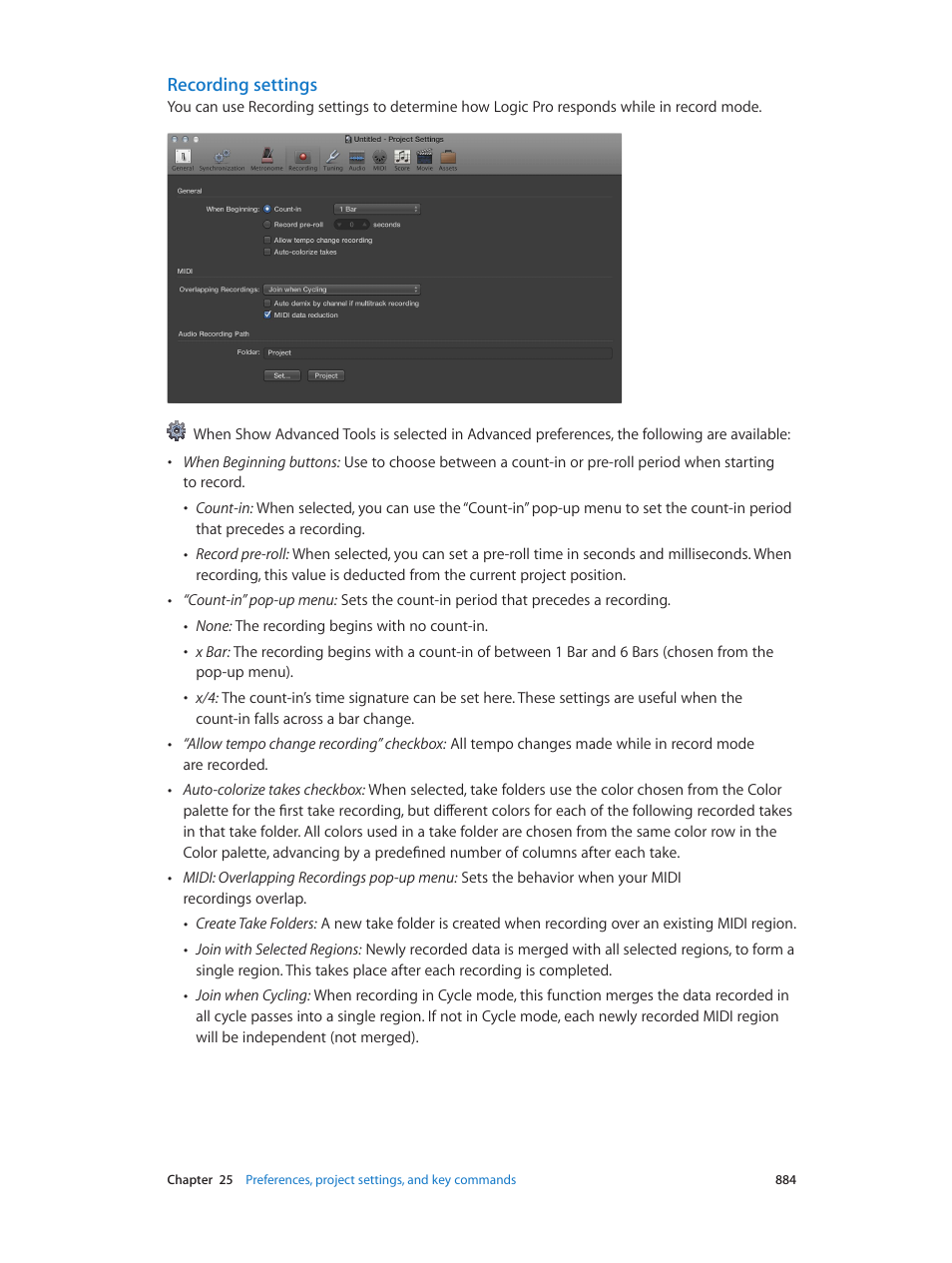 Recording settings | Apple Logic Pro X User Manual | Page 884 / 919