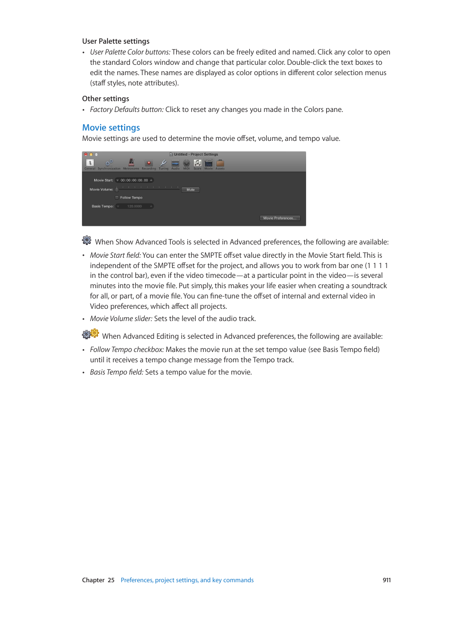 Movie settings, Movie, Settings | Apple Logic Pro X User Manual | Page 911 / 919