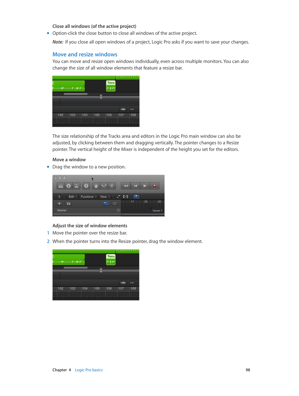 Move and resize windows | Apple Logic Pro X User Manual | Page 98 / 919