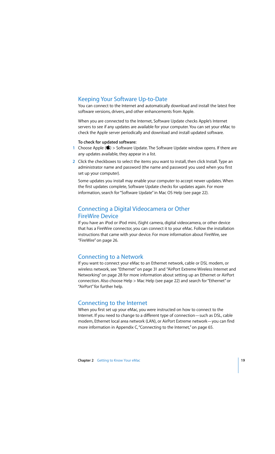 Keeping your software up-to-date, Connecting to a network, Connecting to the internet | Apple eMac 2005 User Manual | Page 19 / 96