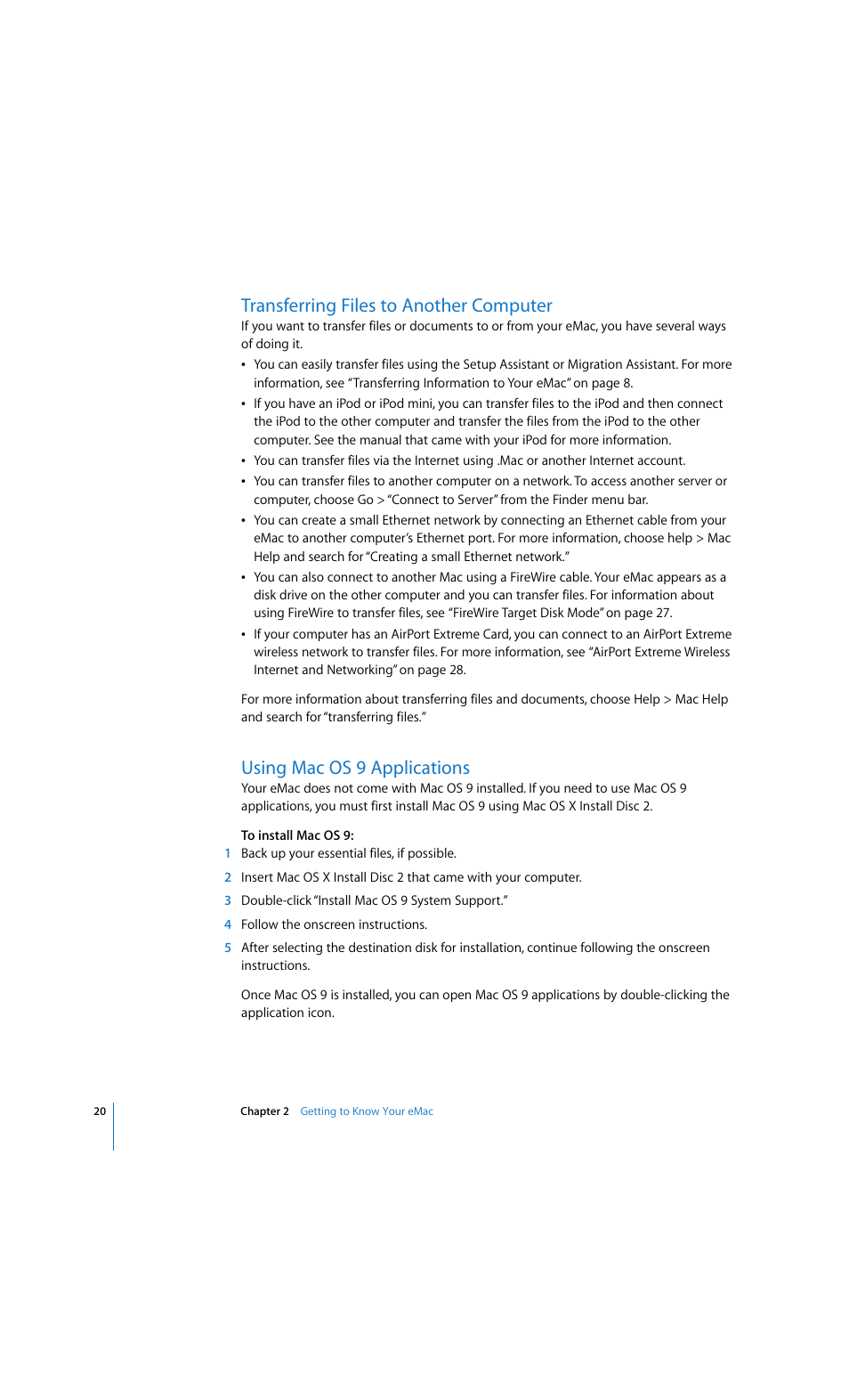 Transferring files to another computer, Using mac os 9 applications | Apple eMac 2005 User Manual | Page 20 / 96