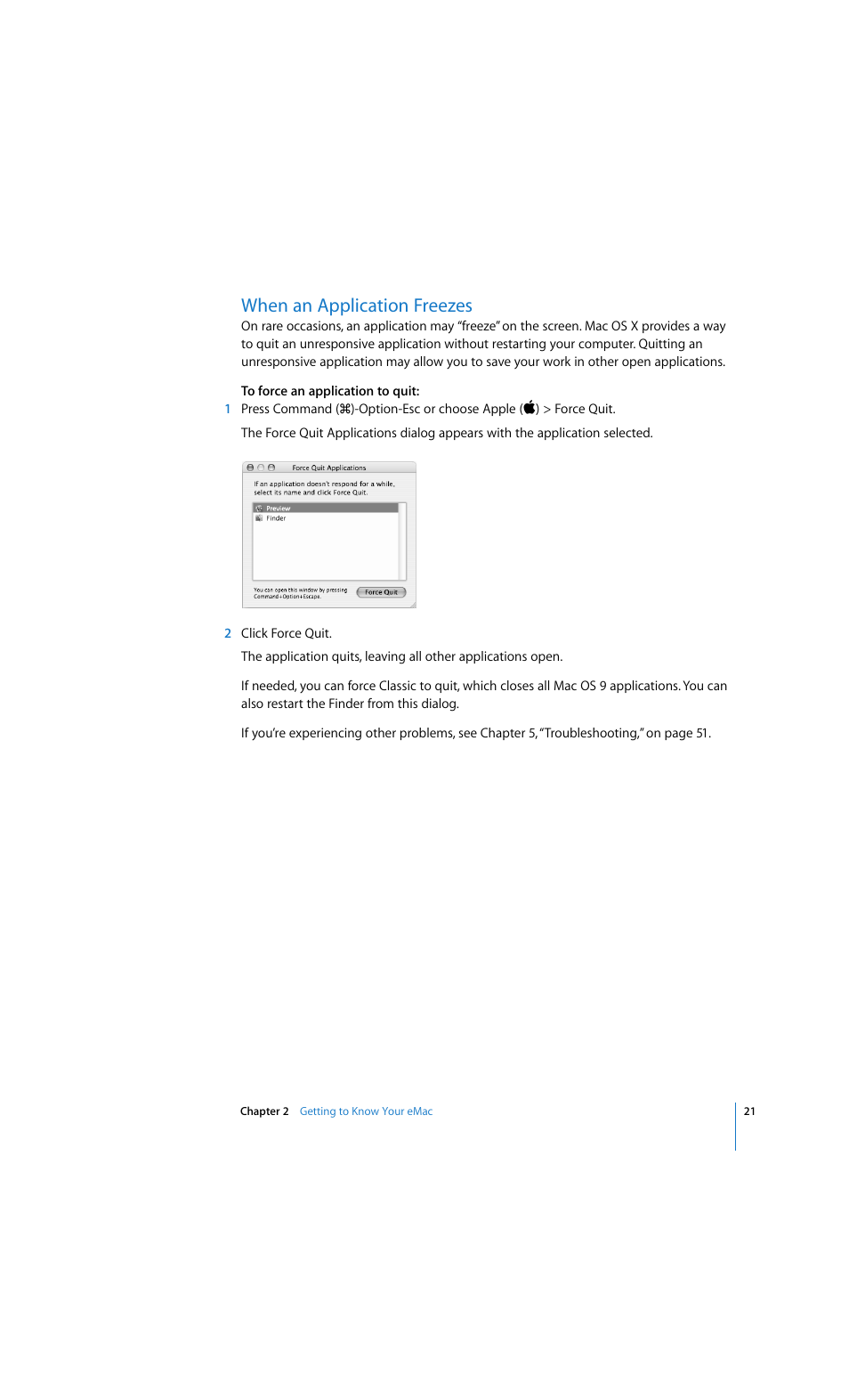 When an application freezes | Apple eMac 2005 User Manual | Page 21 / 96