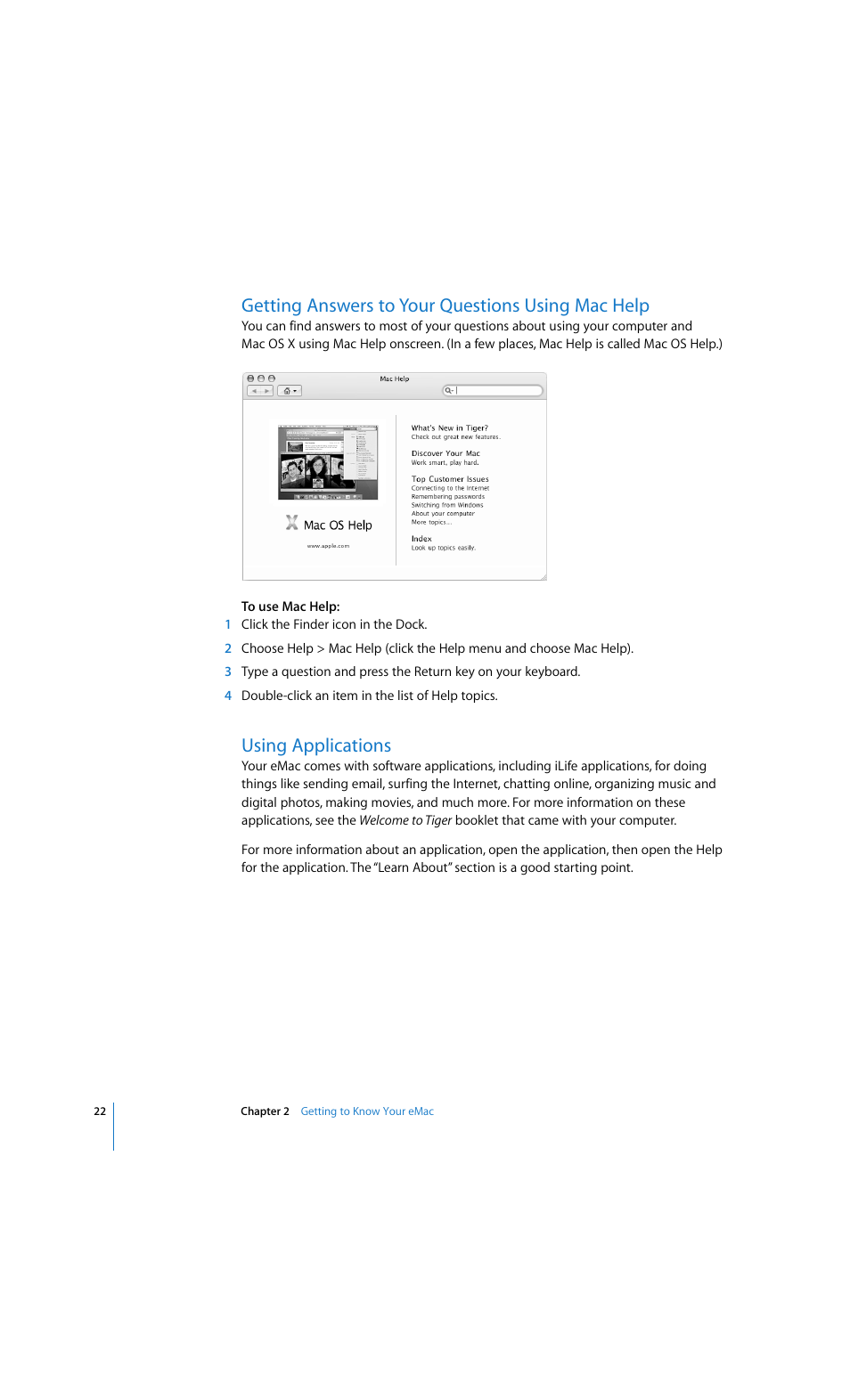 Getting answers to your questions using mac help, Using applications | Apple eMac 2005 User Manual | Page 22 / 96