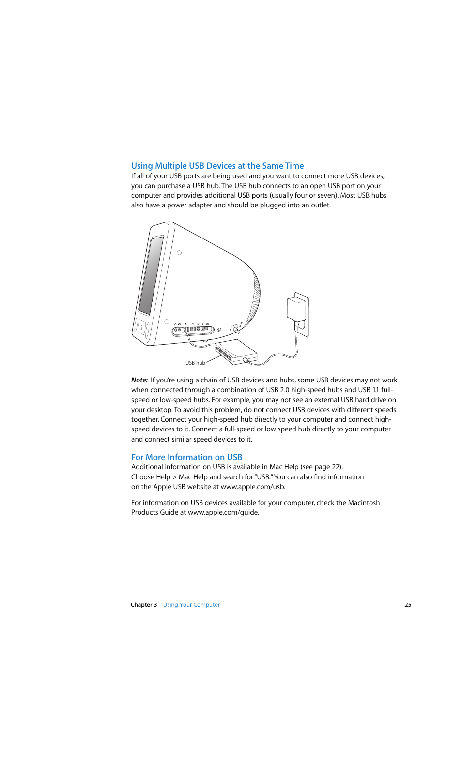 Using multiple usb devices at the same time, For more information on usb | Apple eMac 2005 User Manual | Page 25 / 96