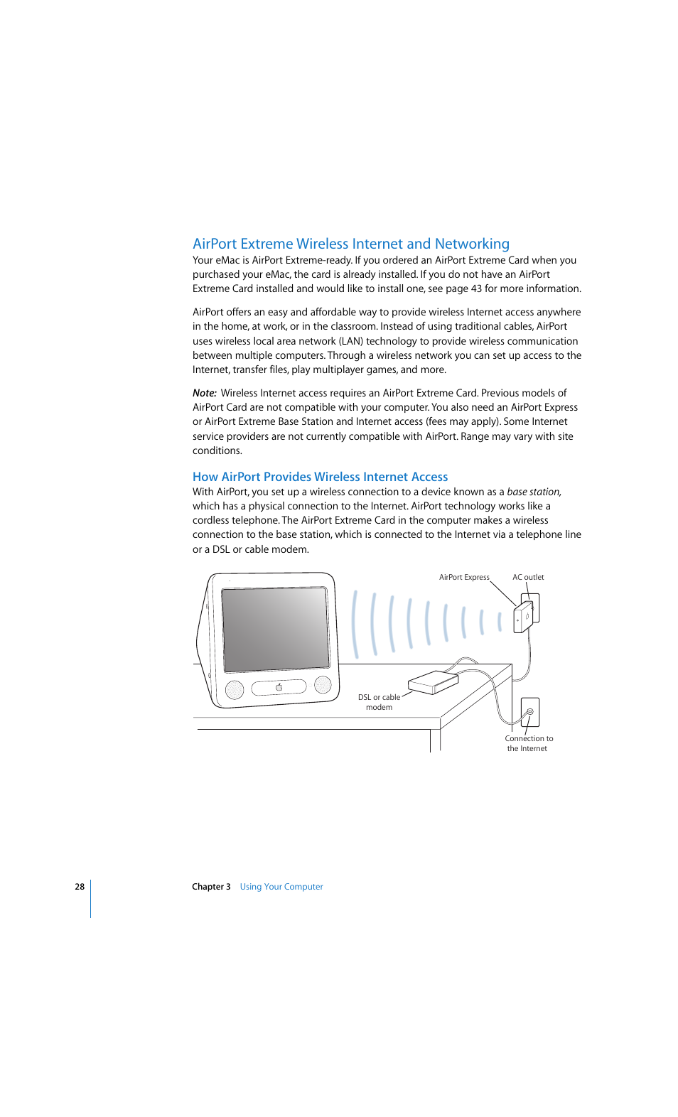 Airport extreme wireless internet and networking, How airport provides wireless internet access | Apple eMac 2005 User Manual | Page 28 / 96