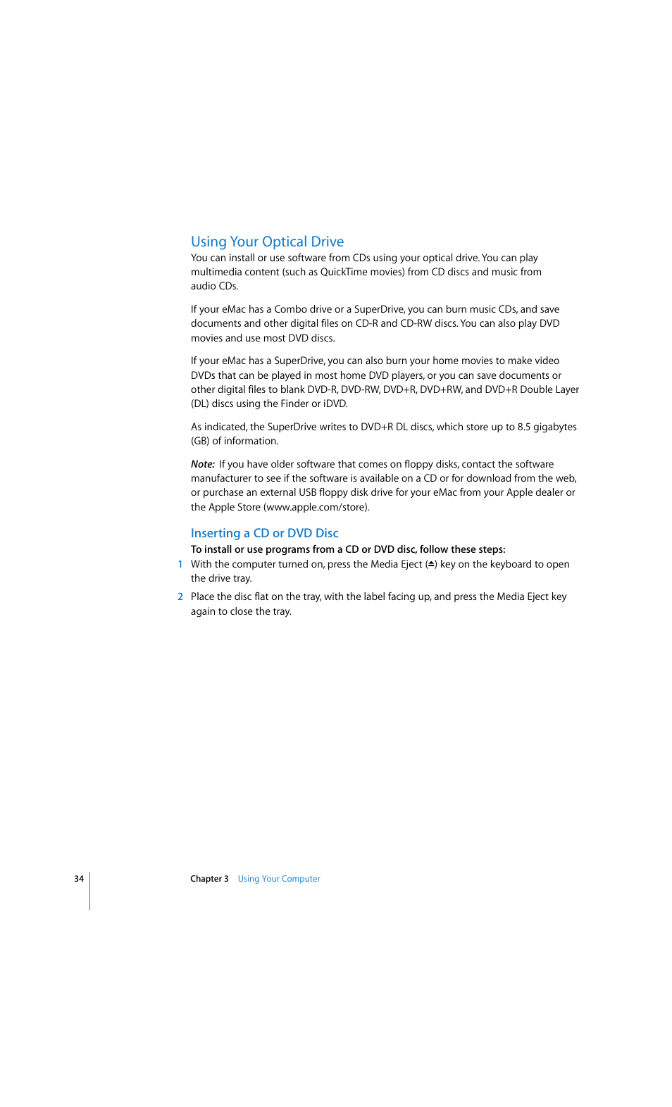 Using your optical drive | Apple eMac 2005 User Manual | Page 34 / 96