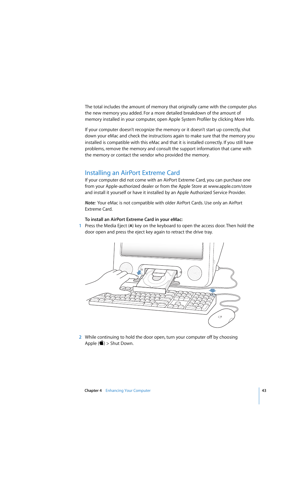 Installing an airport extreme card | Apple eMac 2005 User Manual | Page 43 / 96